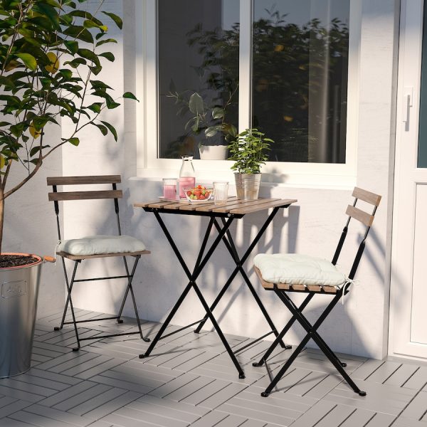 TARNO Table + 2 chairs, outdoor, black/light brown stained